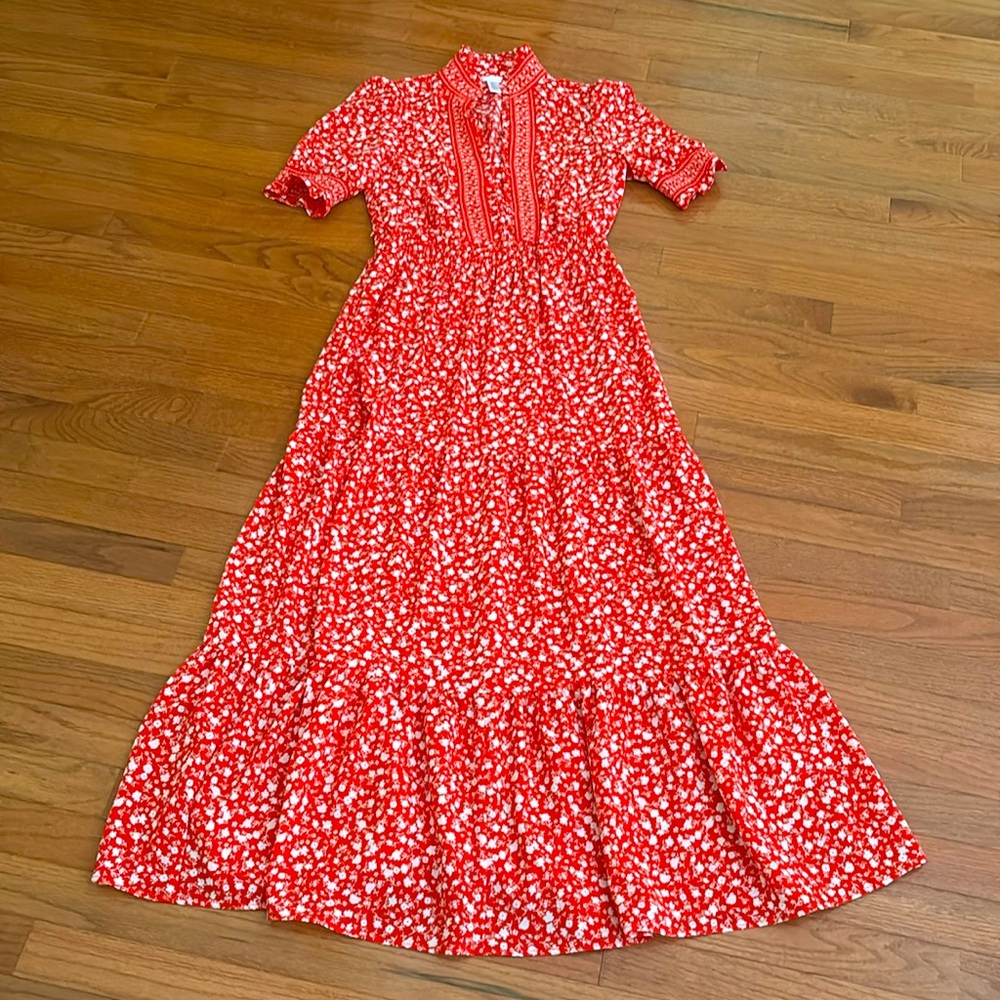 LONDON TIMES Red & White Floral Bohemian Cottagecore Elastic Waist Maxi Dress
